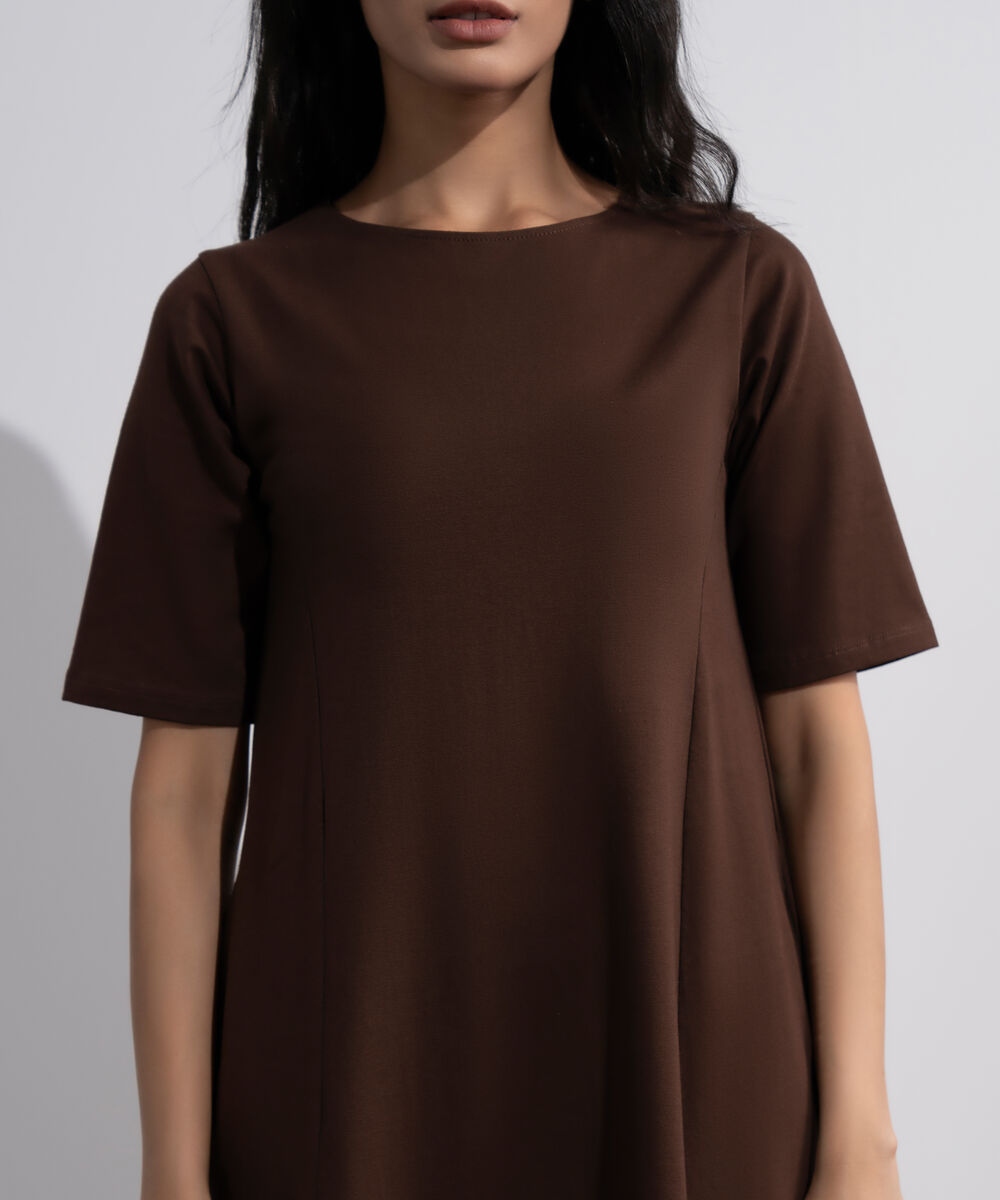 Women's Brown Flared Panelled Midi Dress