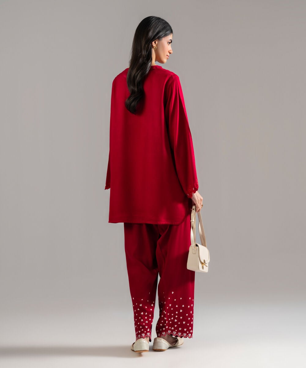 Women's RTW Bedford Solid Embroidered Red Straight Shirt