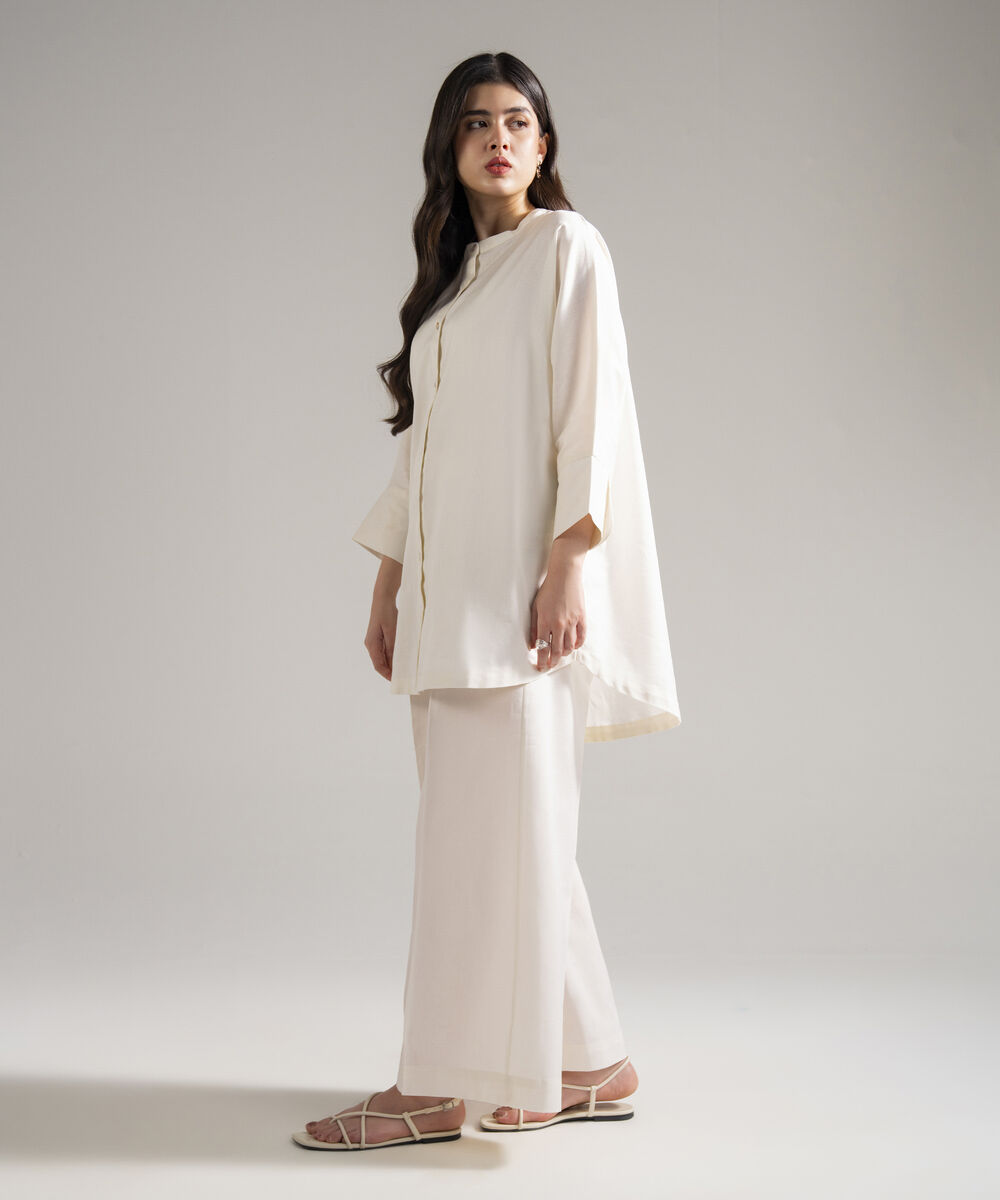 Women's RTW Cotton Linen Solid Off White 2 Piece Suit