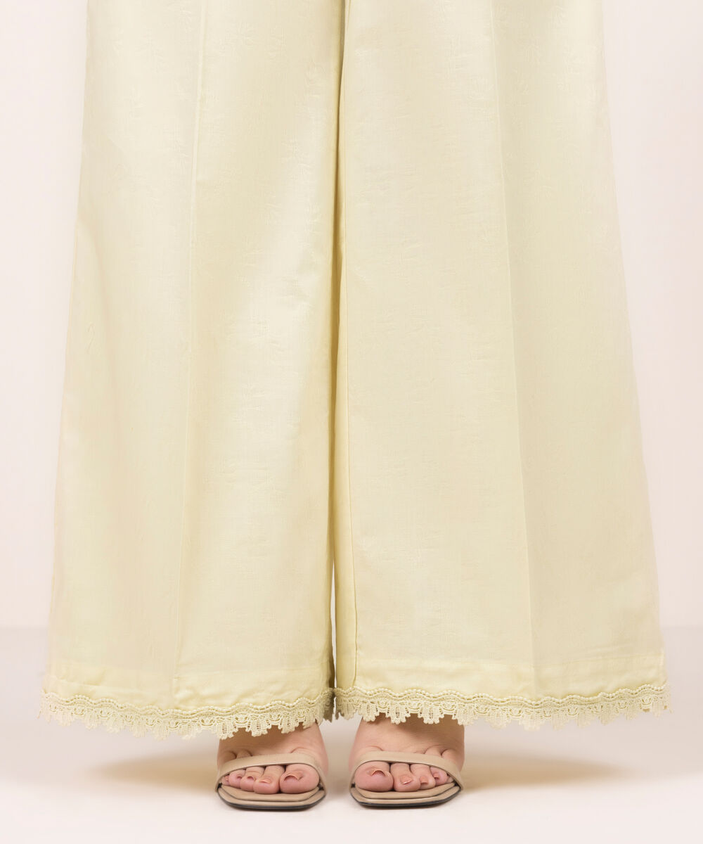 Women's RTW Self Jacquard Solid Yellow Flared Pants