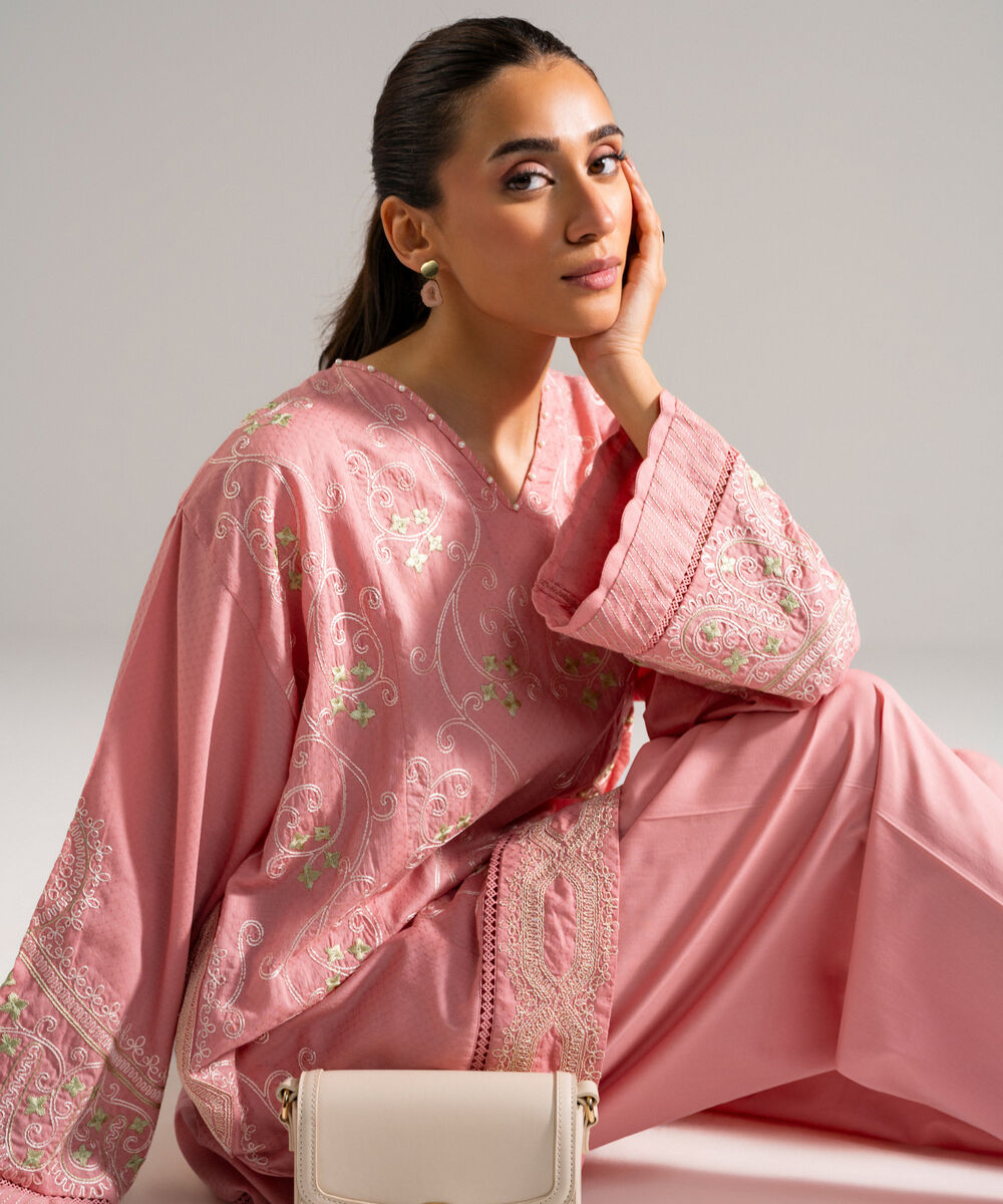 Women's RTW Dobby Embroidered Pink 2 Piece Suit
