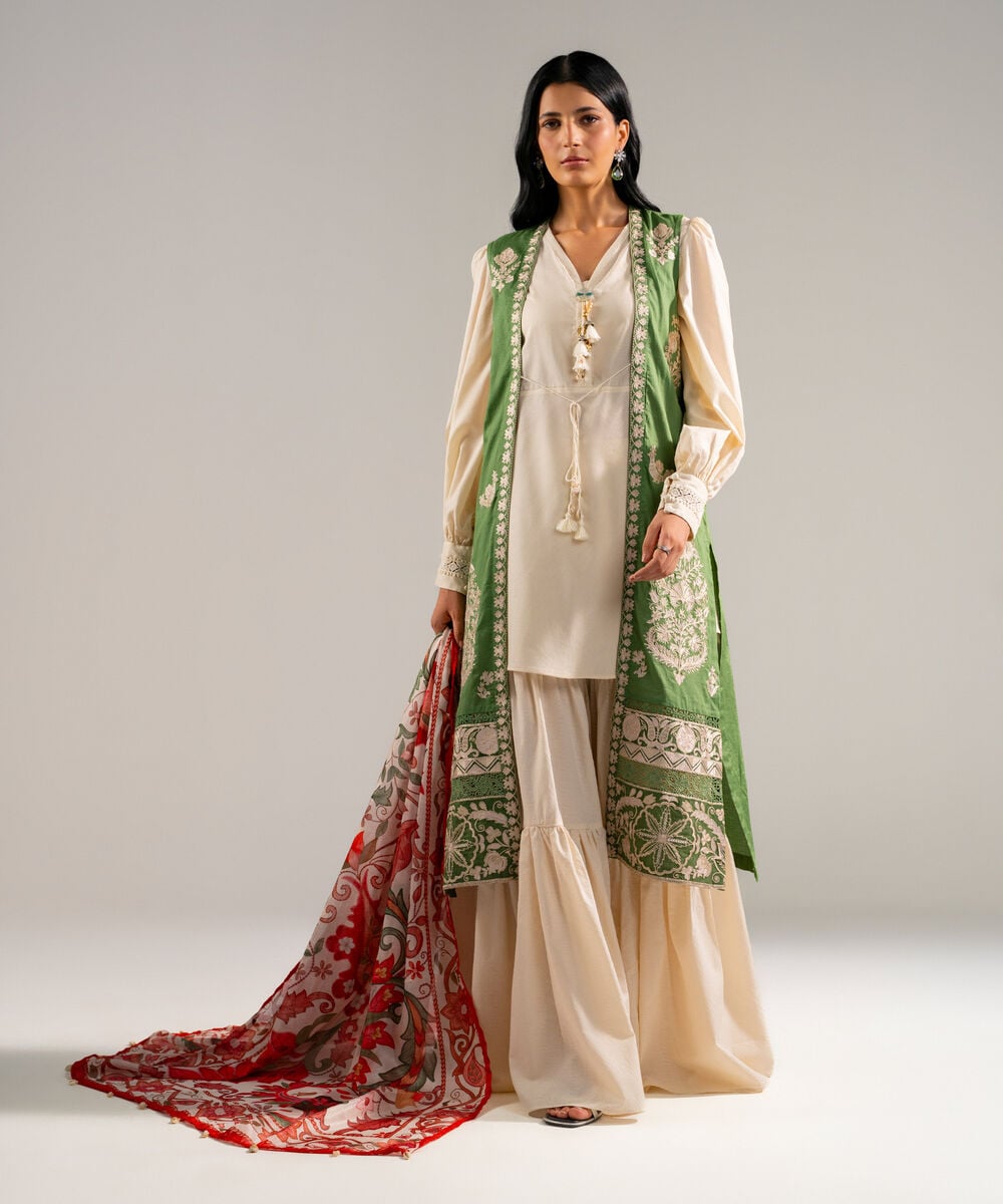 Women's RTW Self Jacquard Embroidered Green 3 Piece Suit