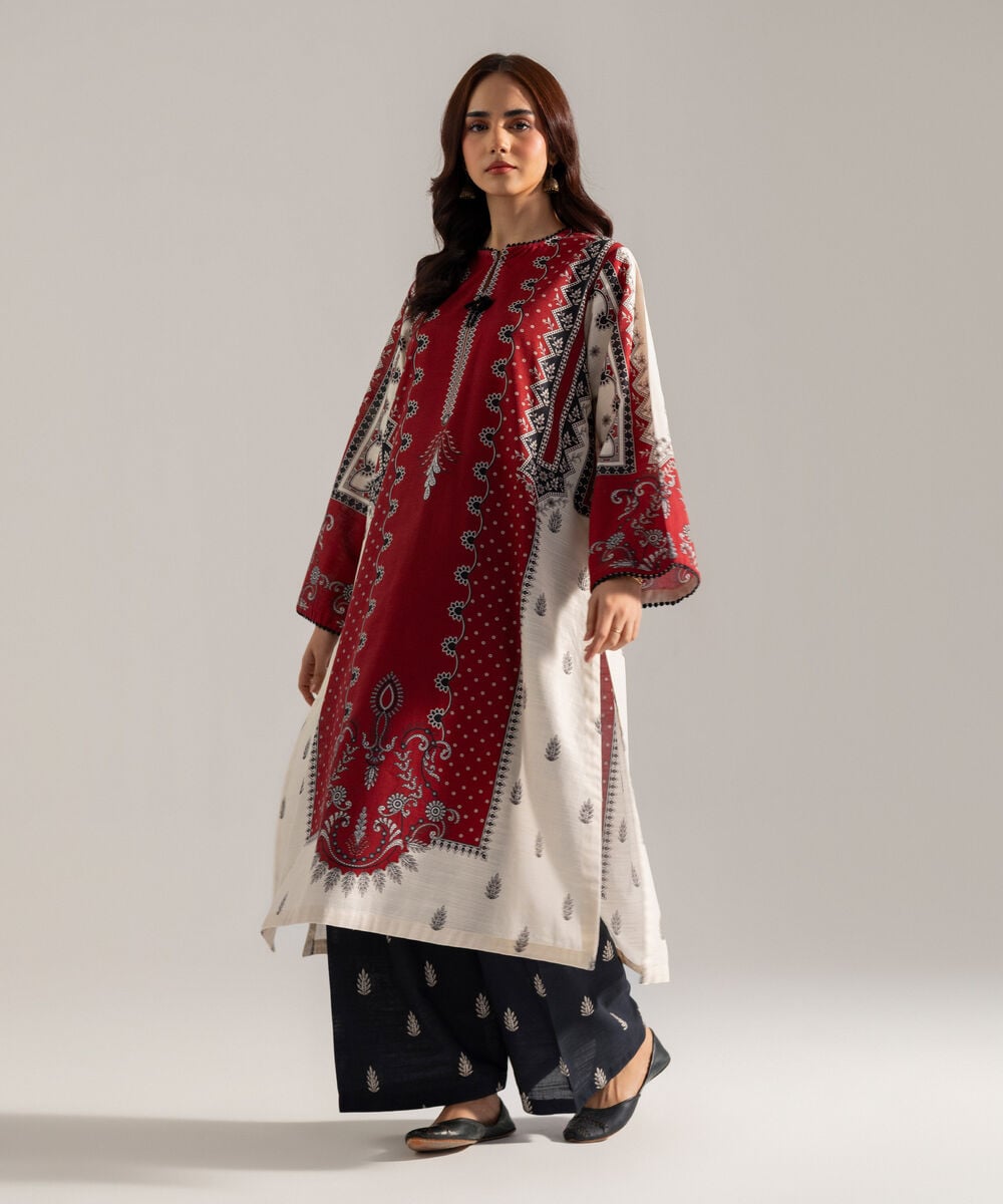 Women's RTW Printed Maroon Khaddar A-Line Shirt