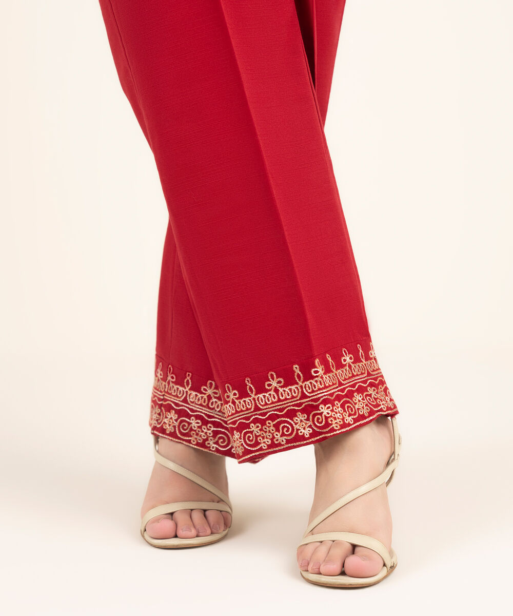 Women's RTW Khaddar Embroidered Red Straight Pants