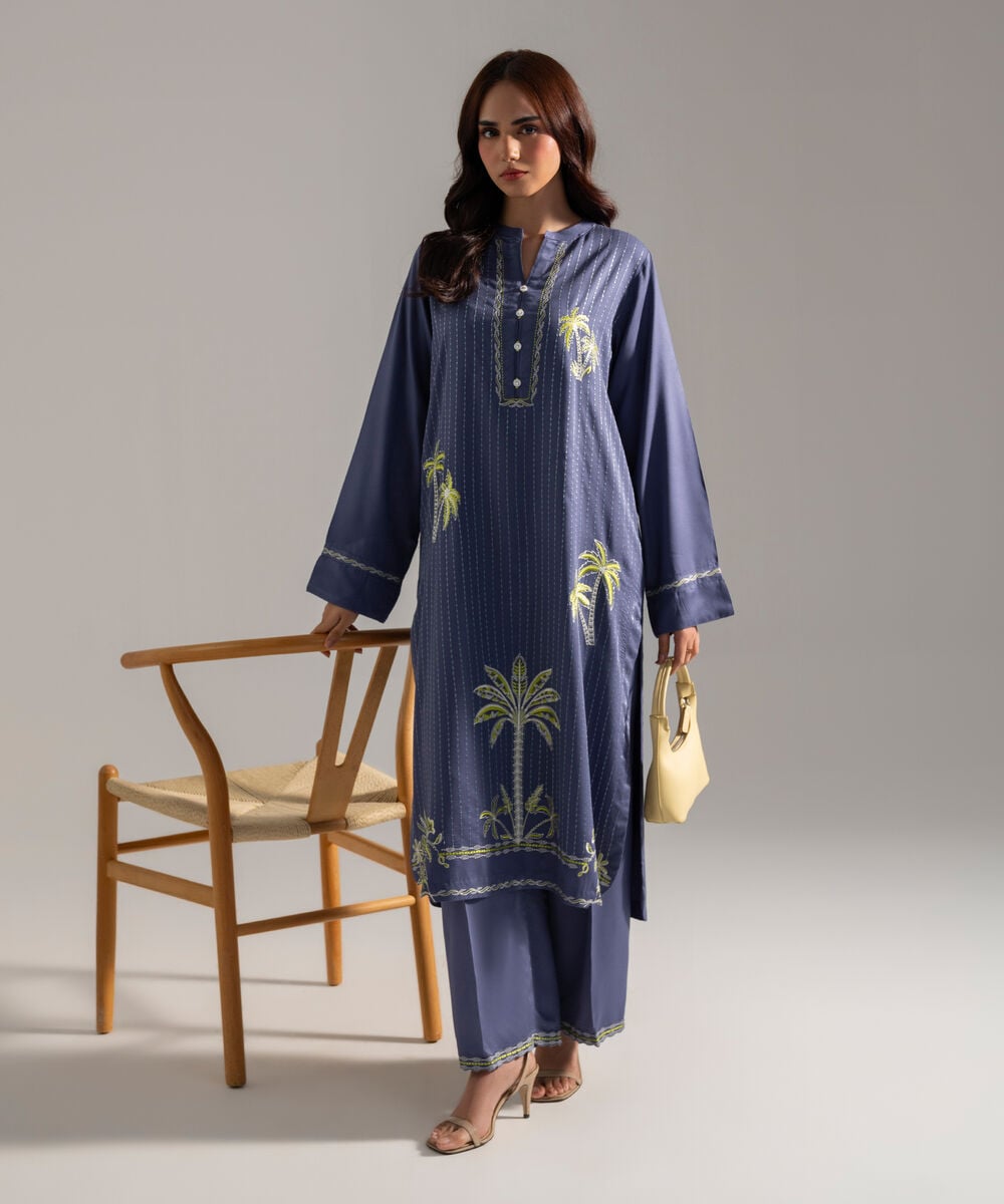 Women's RTW Solid Embroidered Blue Bedford Shirt