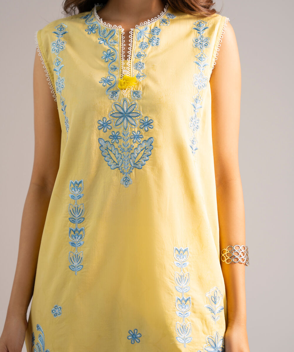 Women's RTW Self Jacquard Embroidered Yellow 2 Piece Suit