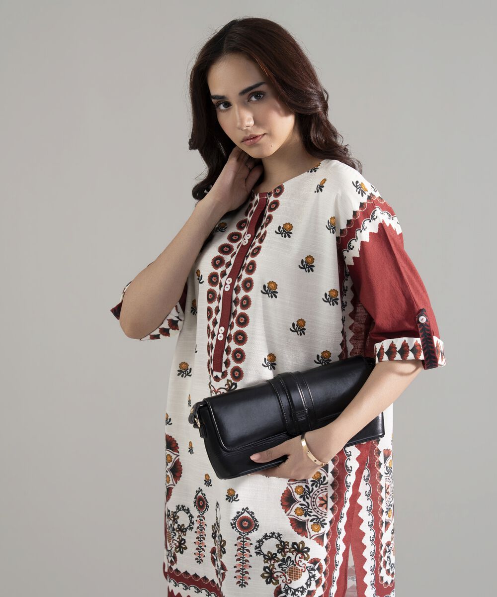 Women's RTW Khaddar Printed White Boxy Shirt