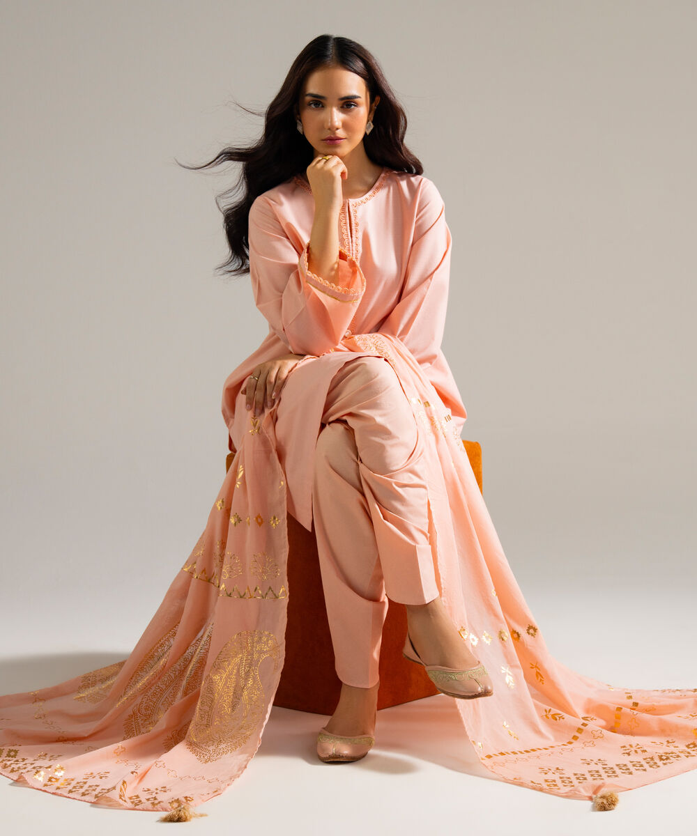 Women's RTW Slub Lawn Solid Peach 3 Piece Suit