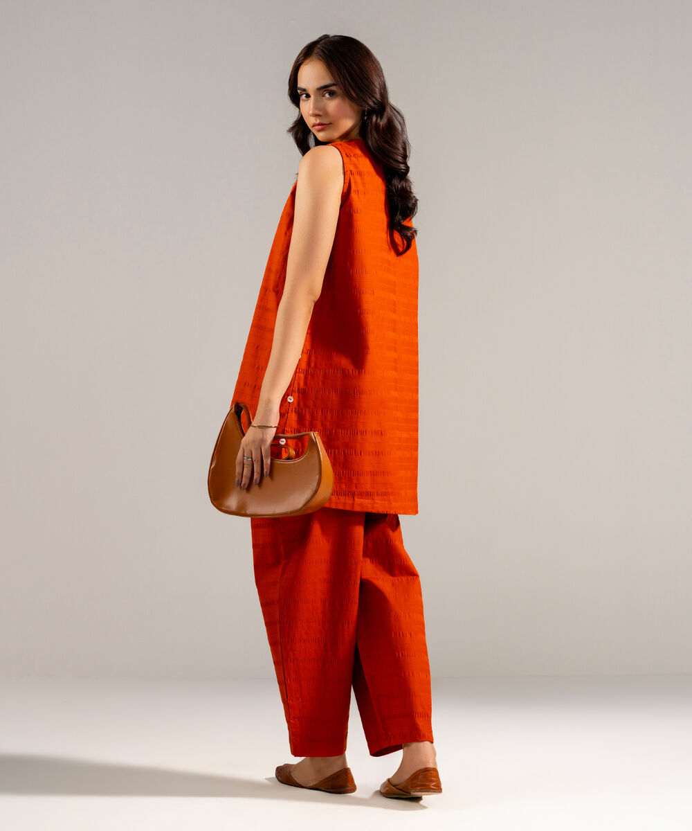 Women's RTW Seersucker Solid Rust 2 Piece Suit