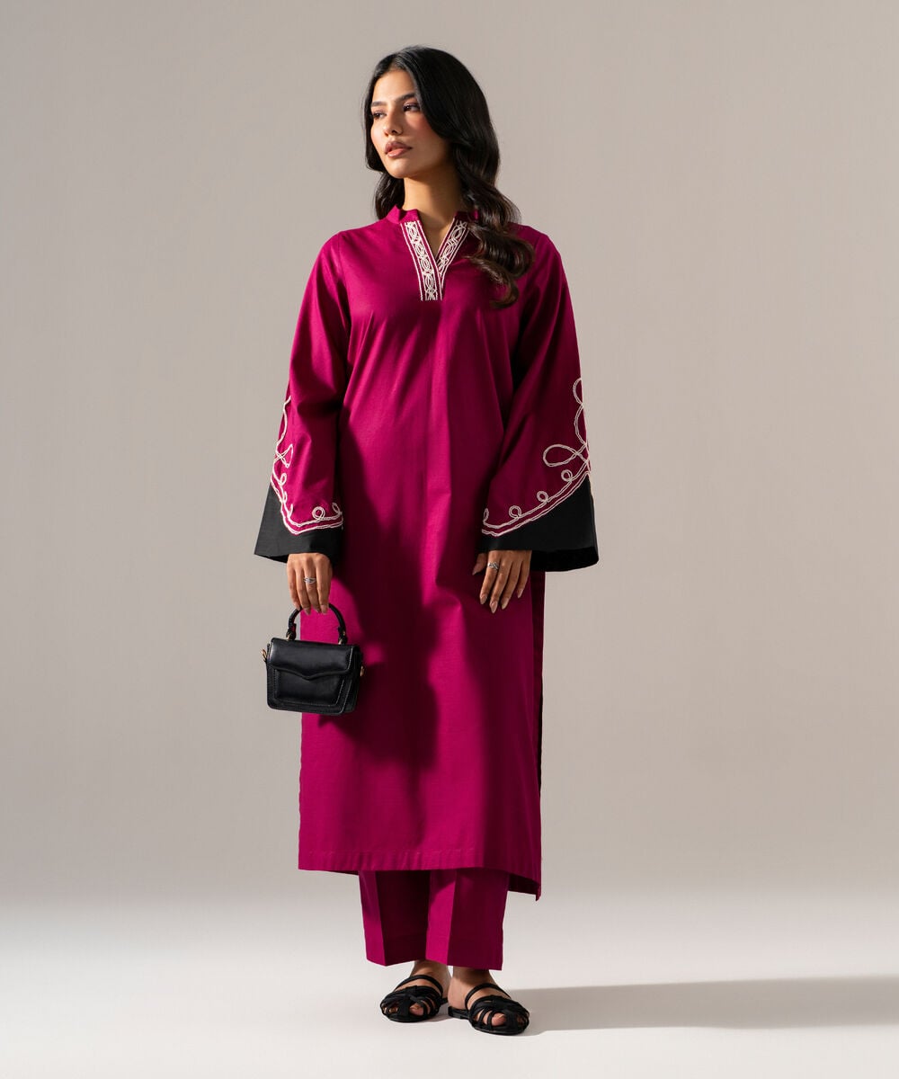 Women's RTW Cross Hatch Solid Embroidered Maroon Straight Shirt