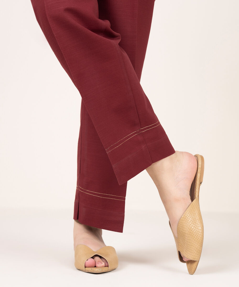 Women's RTW Khaddar Solid Maroon Straight Pants