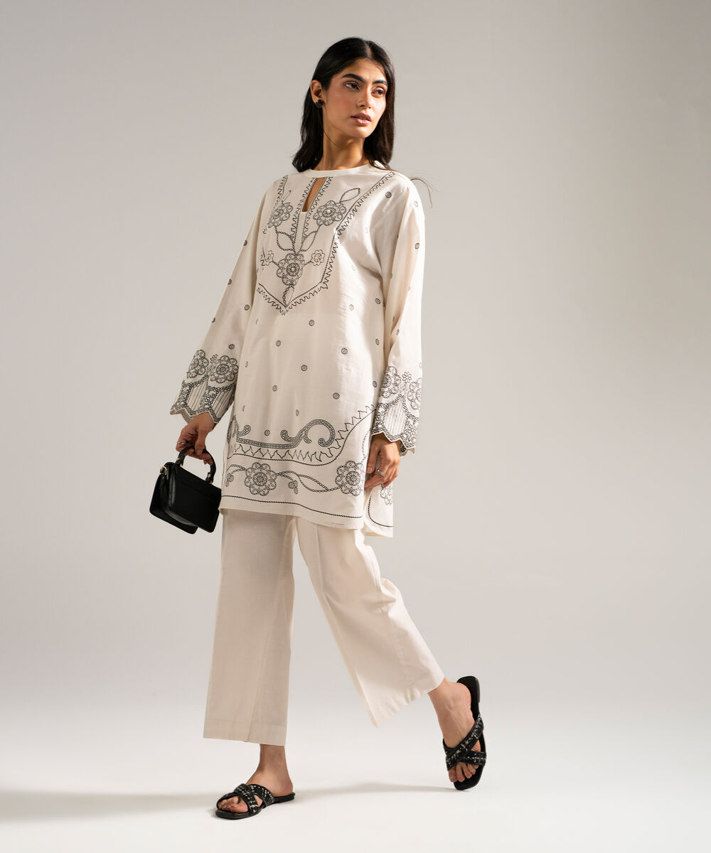 Women's RTW Slub Lawn Printed Off White 2 Piece Suit
