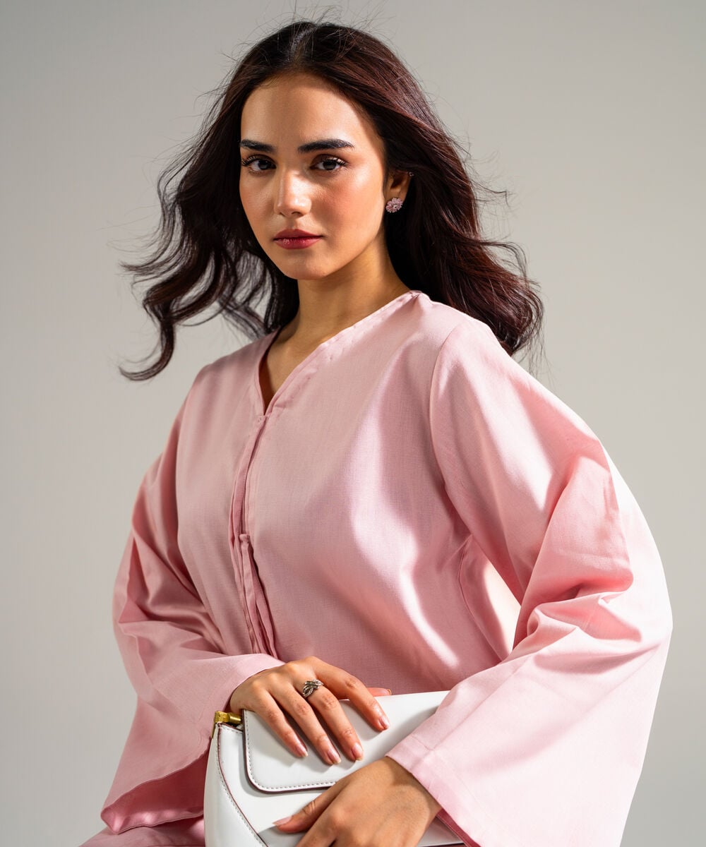 Women's RTW Cotton Linen Solid Pink 2 Piece Suit