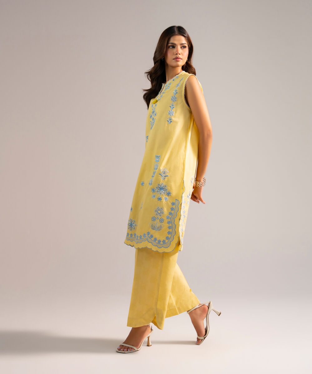 Women's RTW Self Jacquard Embroidered Yellow 2 Piece Suit