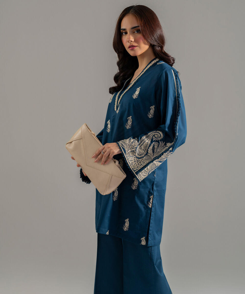 Women's RTW Lawn Solid Embroidered Teal Straight Shirt