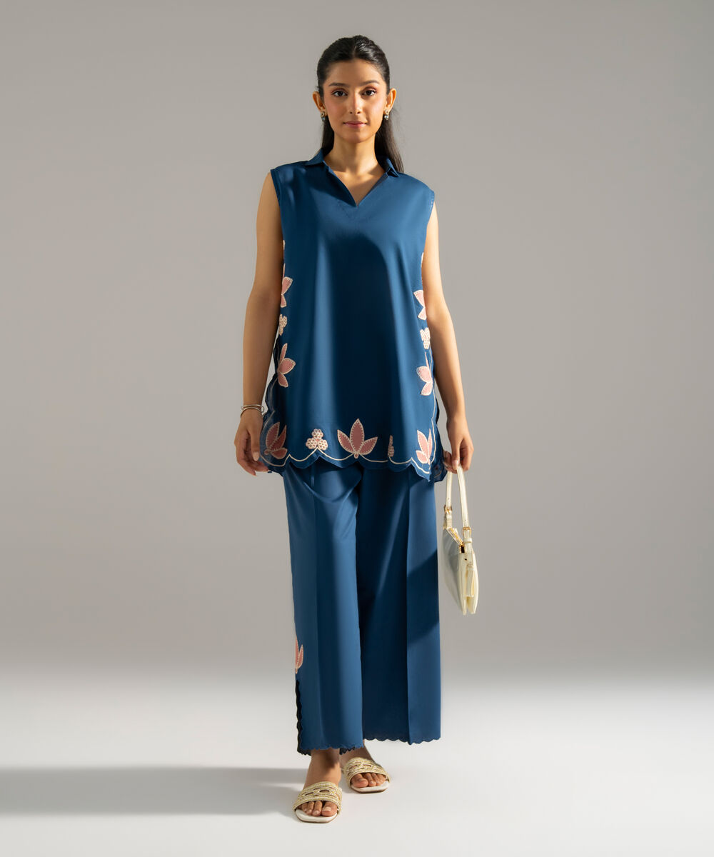 Women's RTW Lawn Solid Embroidered Dark Blue 2 Piece Suit