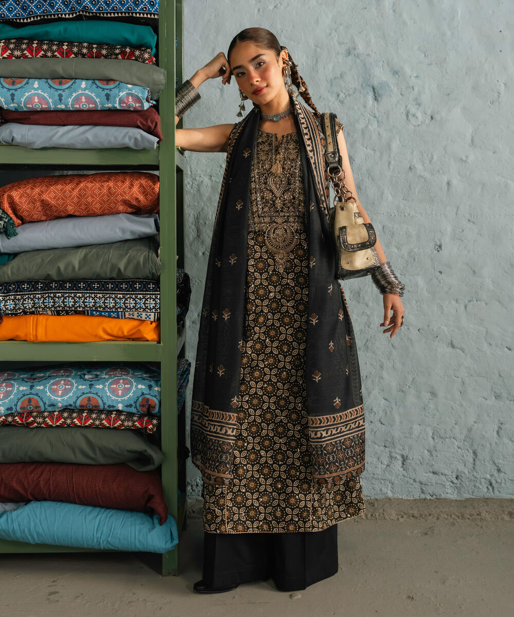 Women's RTW Lawn Embroidered Black 3 Piece Suit