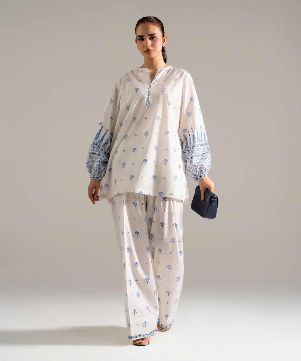 Women's RTW Lawn Printed White Straight Shirt