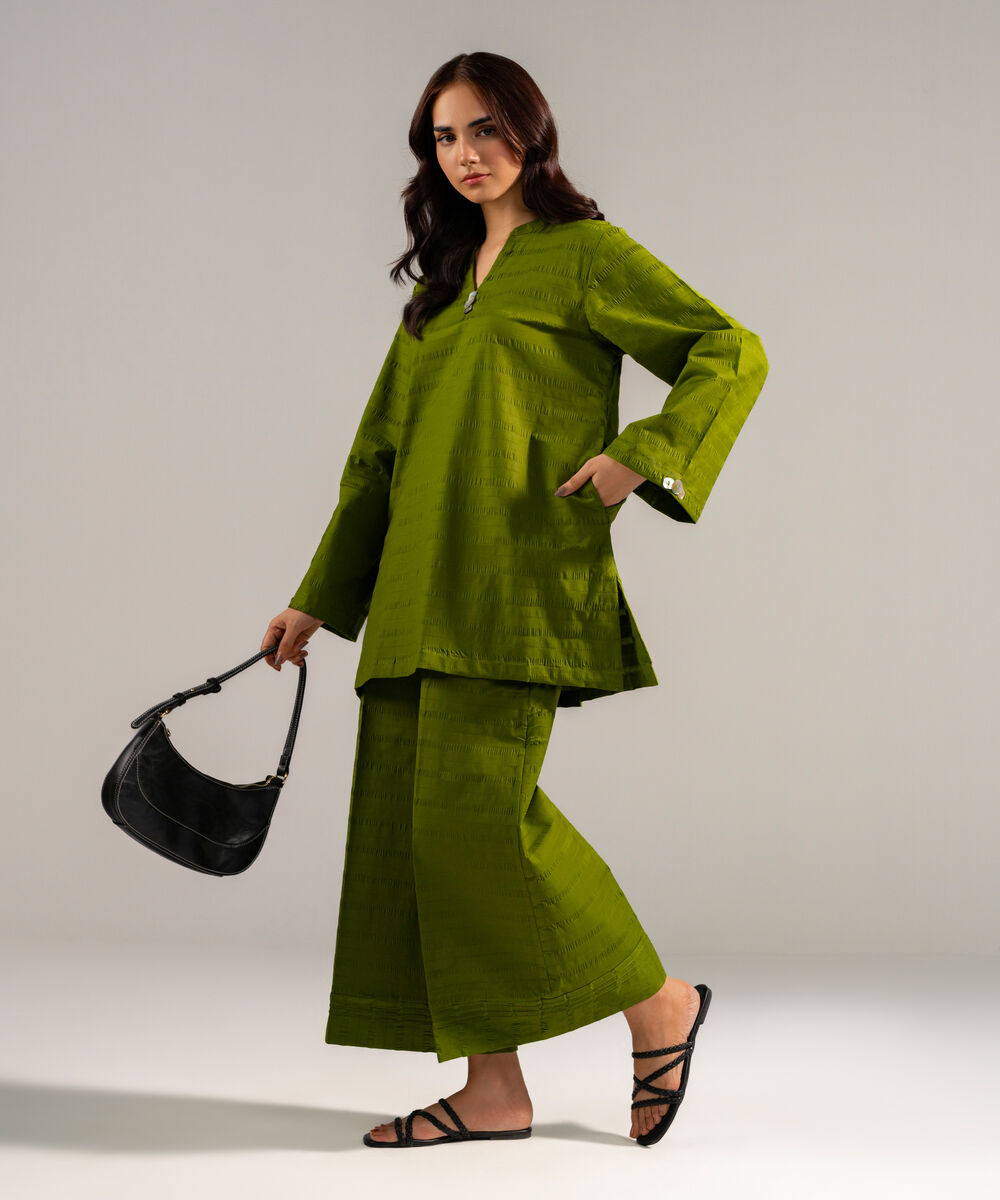 Women's RTW Seersucker Solid Green 2 Piece Suit