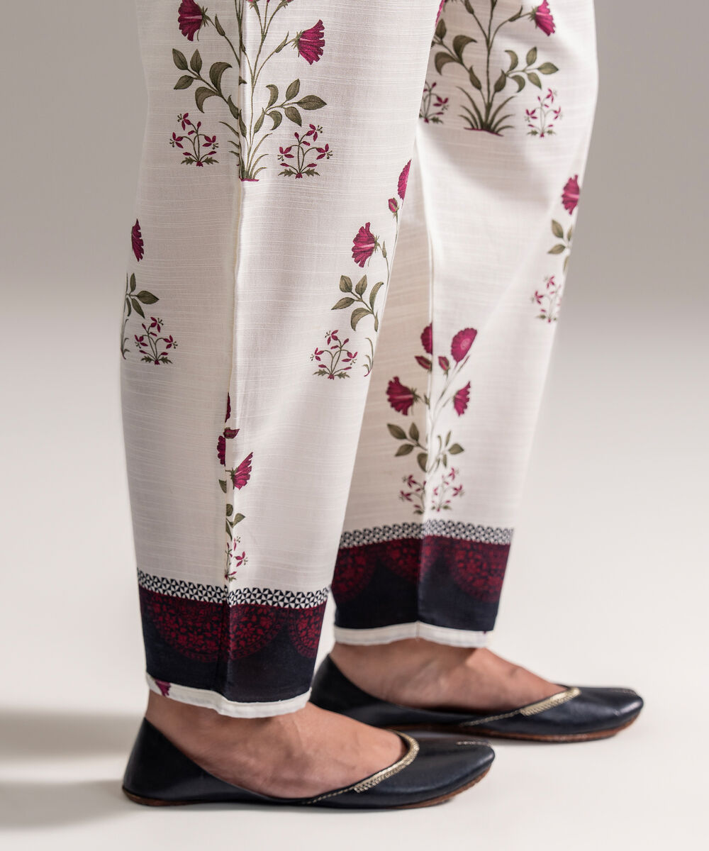 Women's RTW Khaddar Printed White Skinny Shalwar