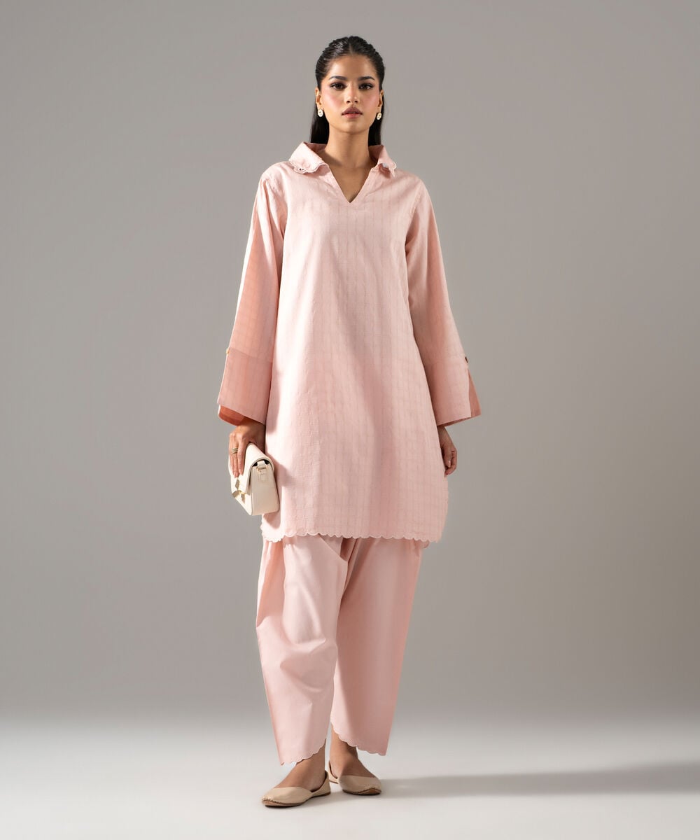 Women's RTW 3D Dobby Solid Powder Pink Straight Shirt
