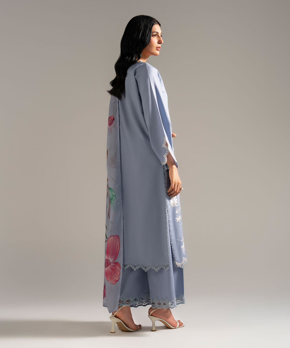 Women's RTW Dobby Crepe Embroidered Blue 3 Piece Suit