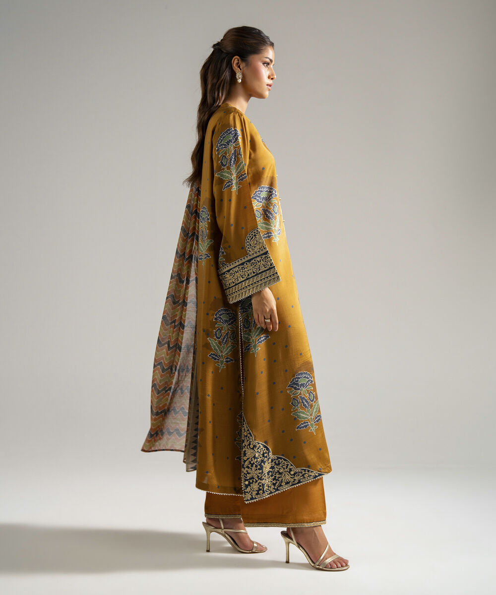 Women's RTW Bright Raw Silk Embroidered Mustard Brown 3 Piece Suit