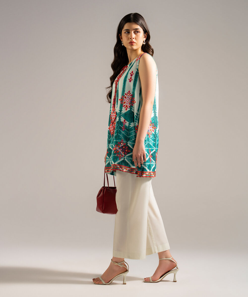 Women's RTW Dobby Embroidered Green Straight Shirt