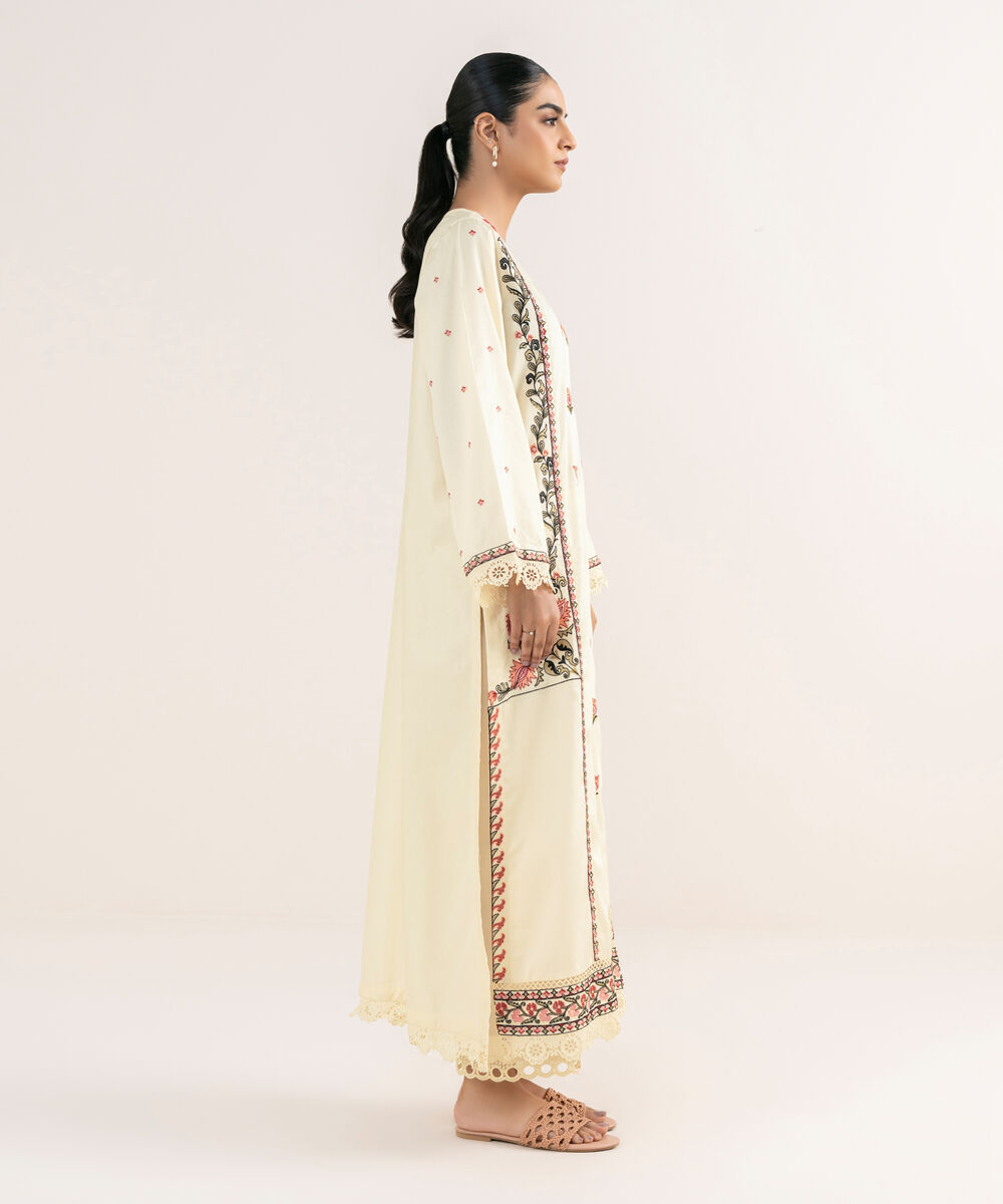 Women's RTW Cotton Satin Off White Embroidered A-Line Shirt