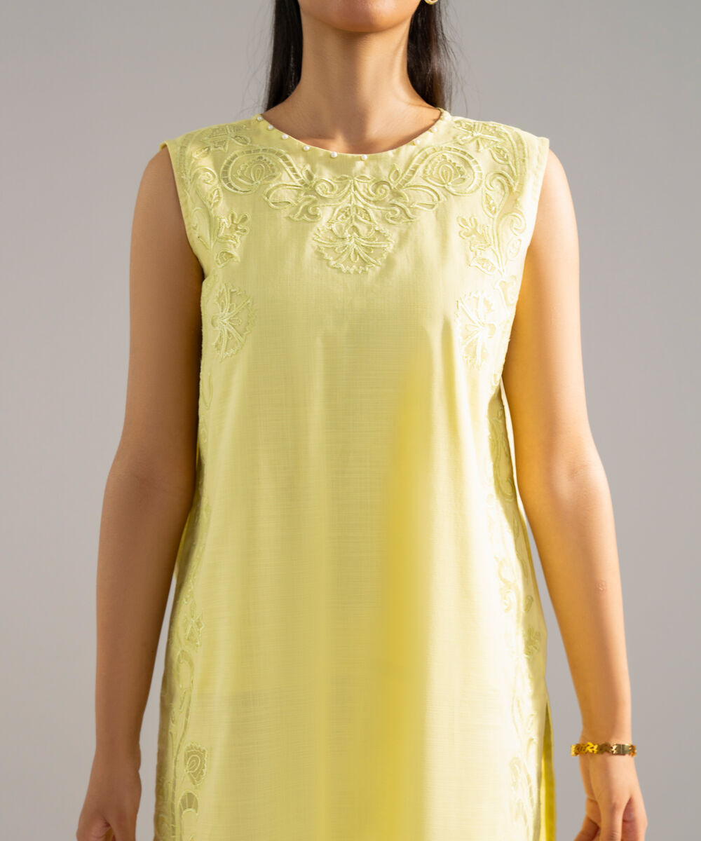 Women's RTW Cross Hatch Solid Embroidered Lime Yellow 2 Piece Suit