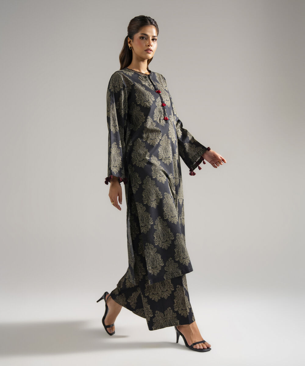 Women's RTW Lawn Printed Black Straight Shirt