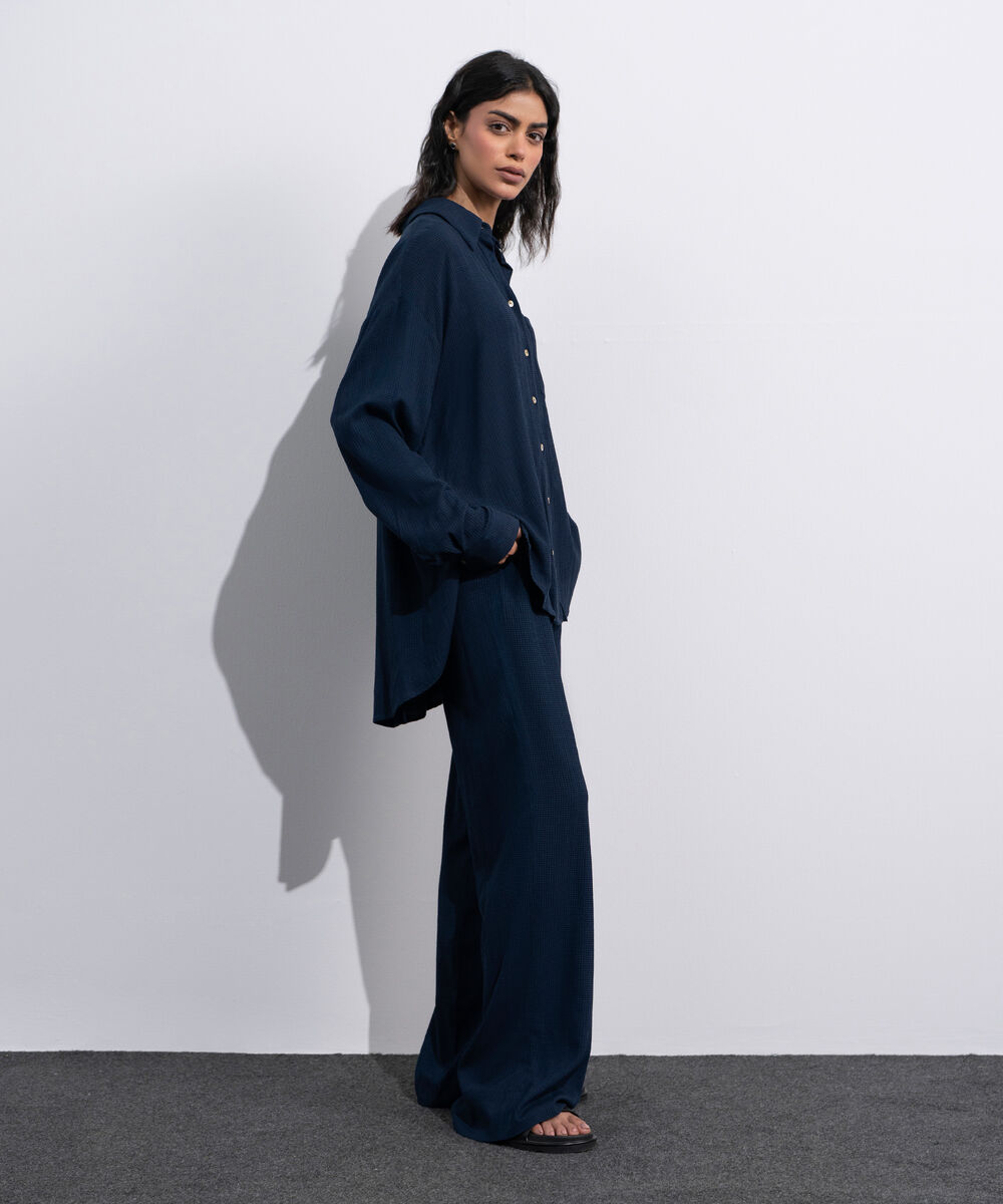 Women's Blue Button Through Seersucker Shirt