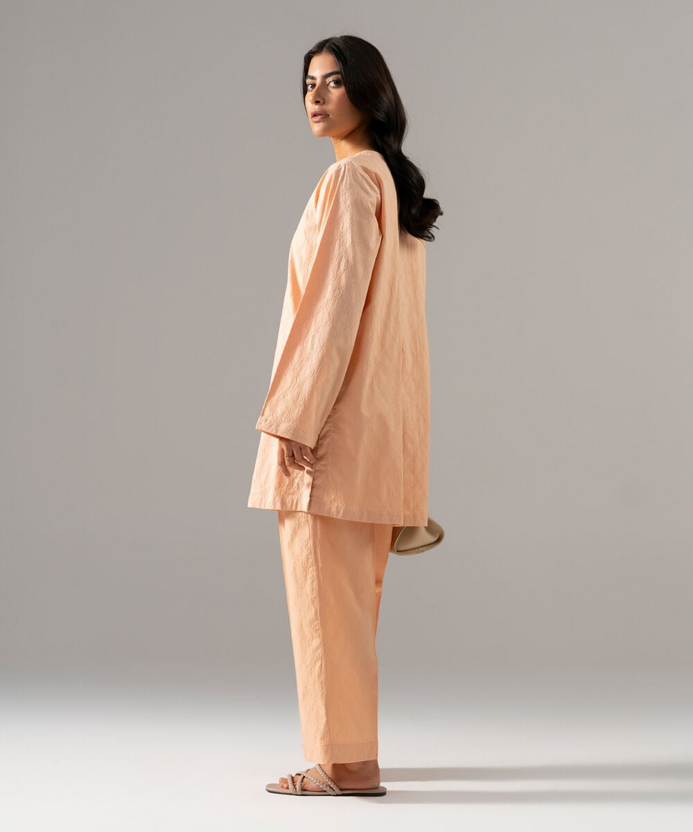 Women's RTW Textured Cotton Solid Peach 2 Piece Suit
