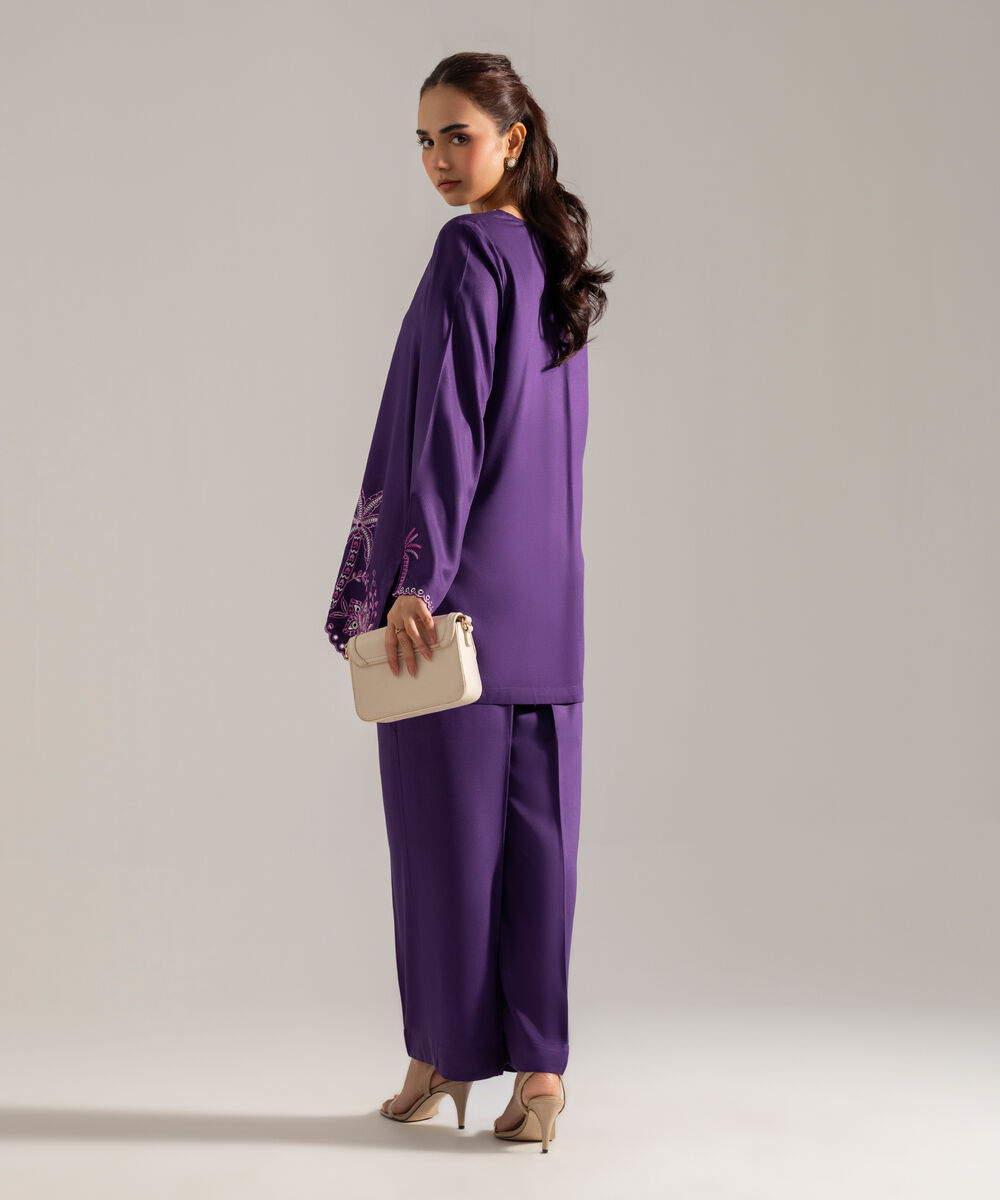 Women's RTW Solid Embroidered Purple Bedford Shirt