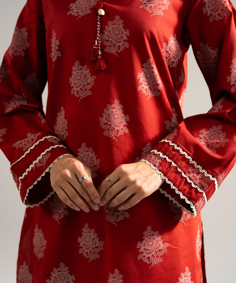 Women's RTW Lawn Printed Red Straight Shirt