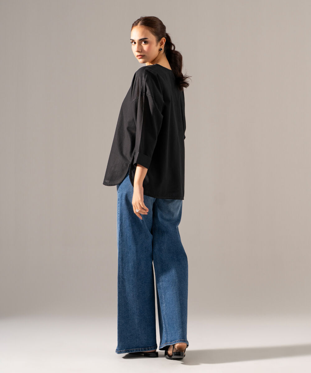 Women's RTW Khaddar Solid Embroidered Black Drop Shoulder Shirt