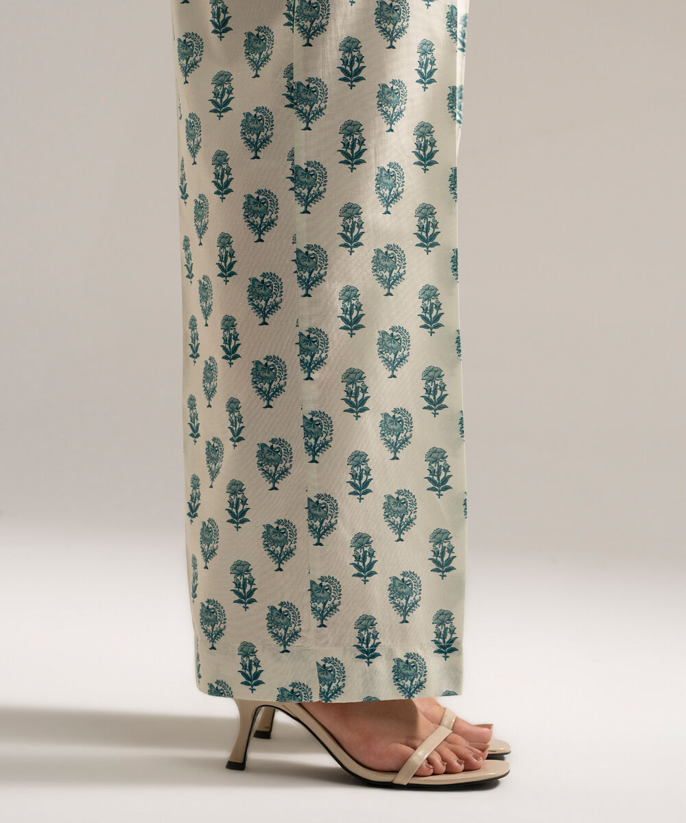 Women's RTW Cambric Printed White Straight Pants