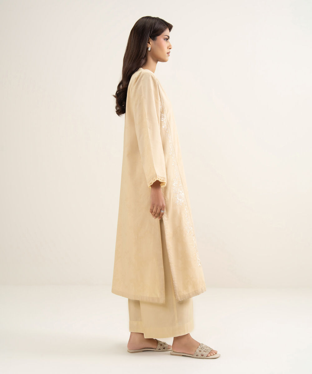 Women's RTW Self Jacquard Embroidered Beige A-Line Shirt