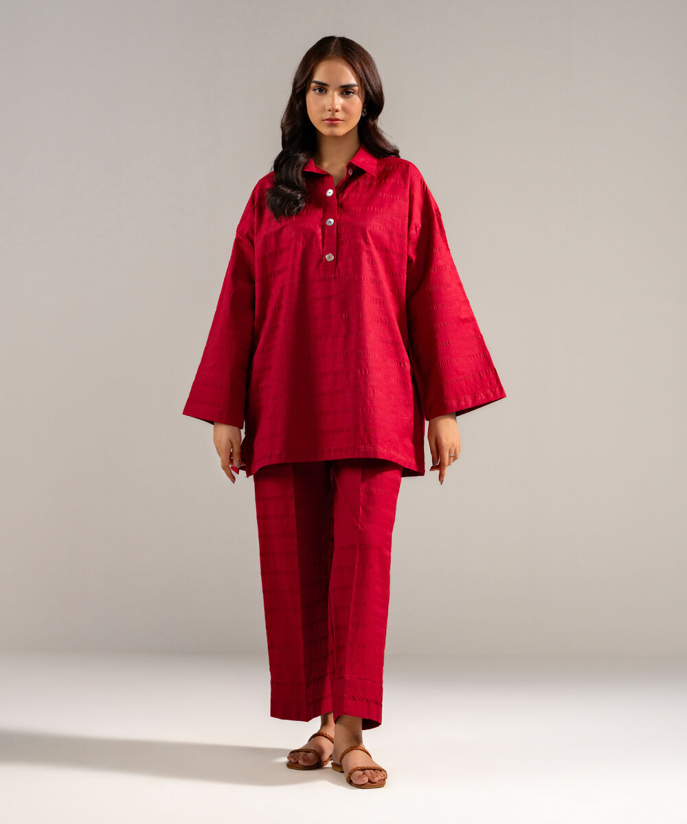 Women's RTW Seersucker Solid Maroon 2 Piece Suit