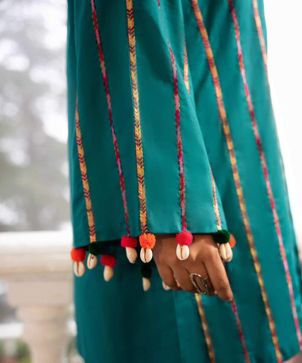 Women's Pret Cambric Embroidered Teal Boxy Shirt