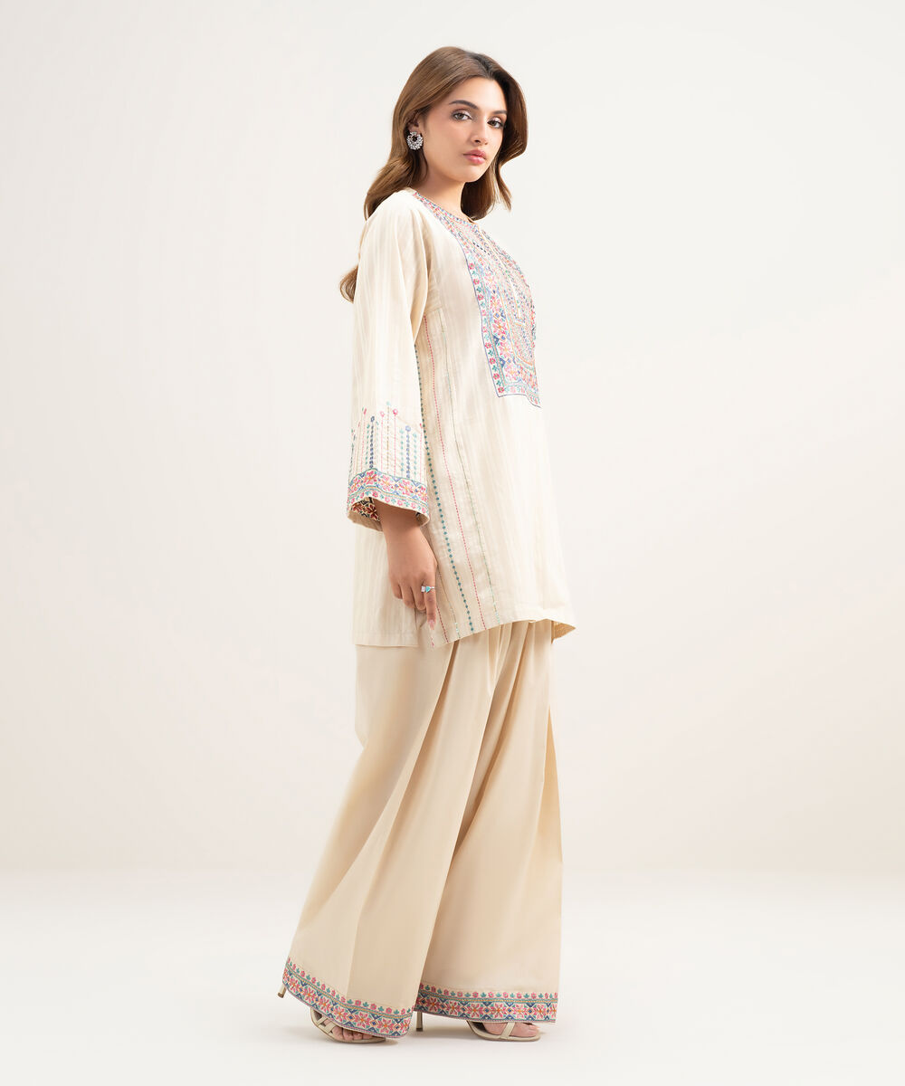 Women's RTW Dobby Embroidered Beige 2 Piece Suit