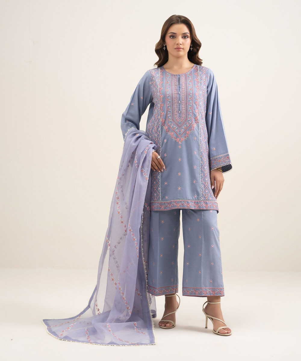 Women's RTW Blended Organza Embroidered Grey Dupatta