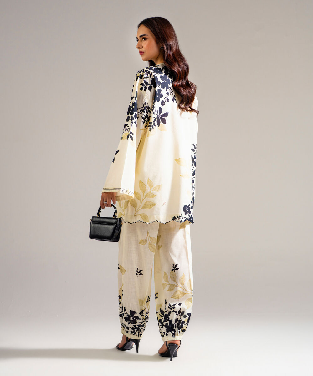 Women's RTW Slub Lawn Printed Off White Drop Shoulder Shirt