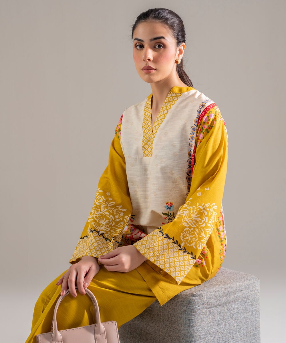 Women's RTW Khaddar Printed Mustard 2 Piece Suit