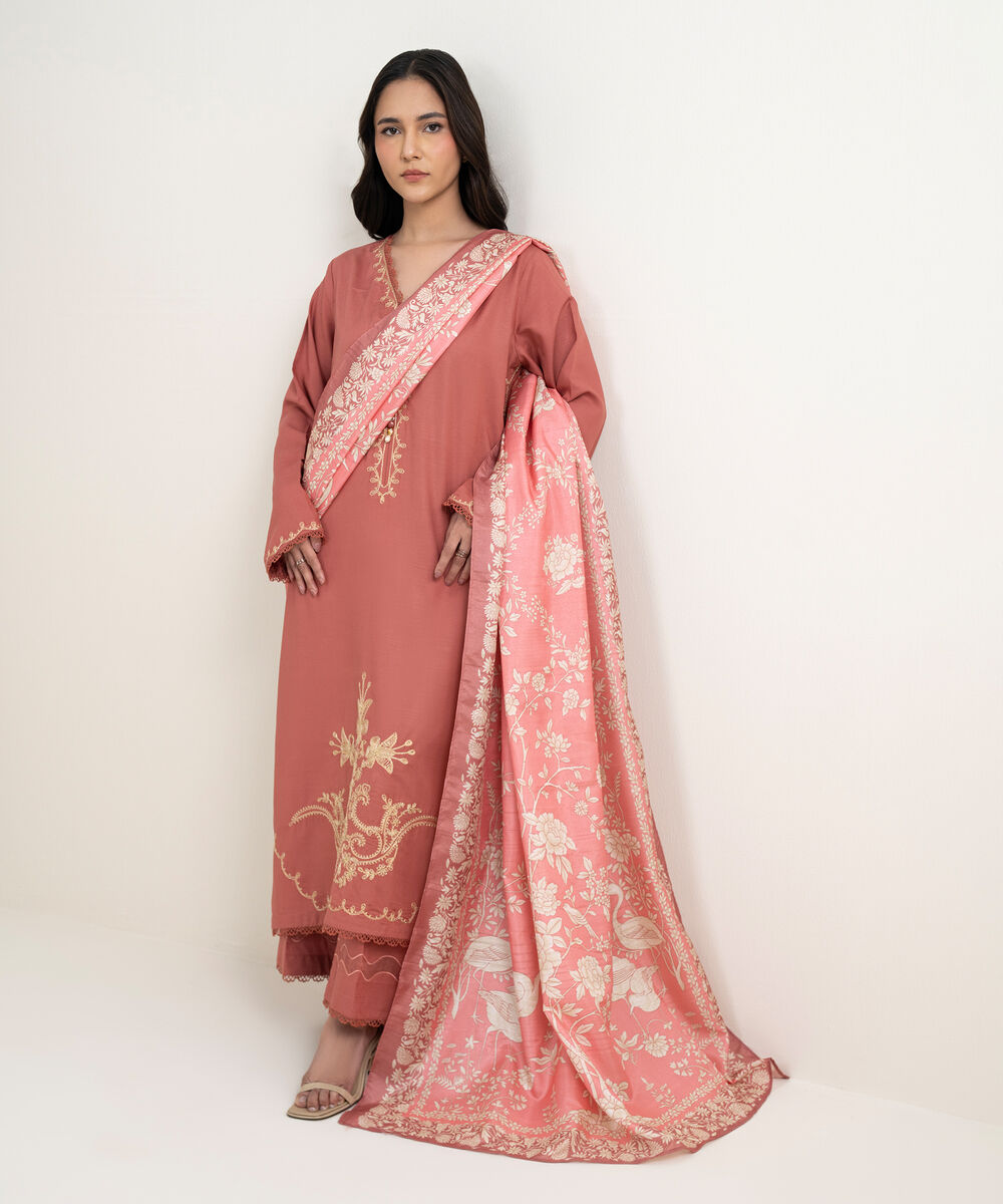 Women's RTW Raw Silk Viscose Embroidered Salmon 3 Piece Suit