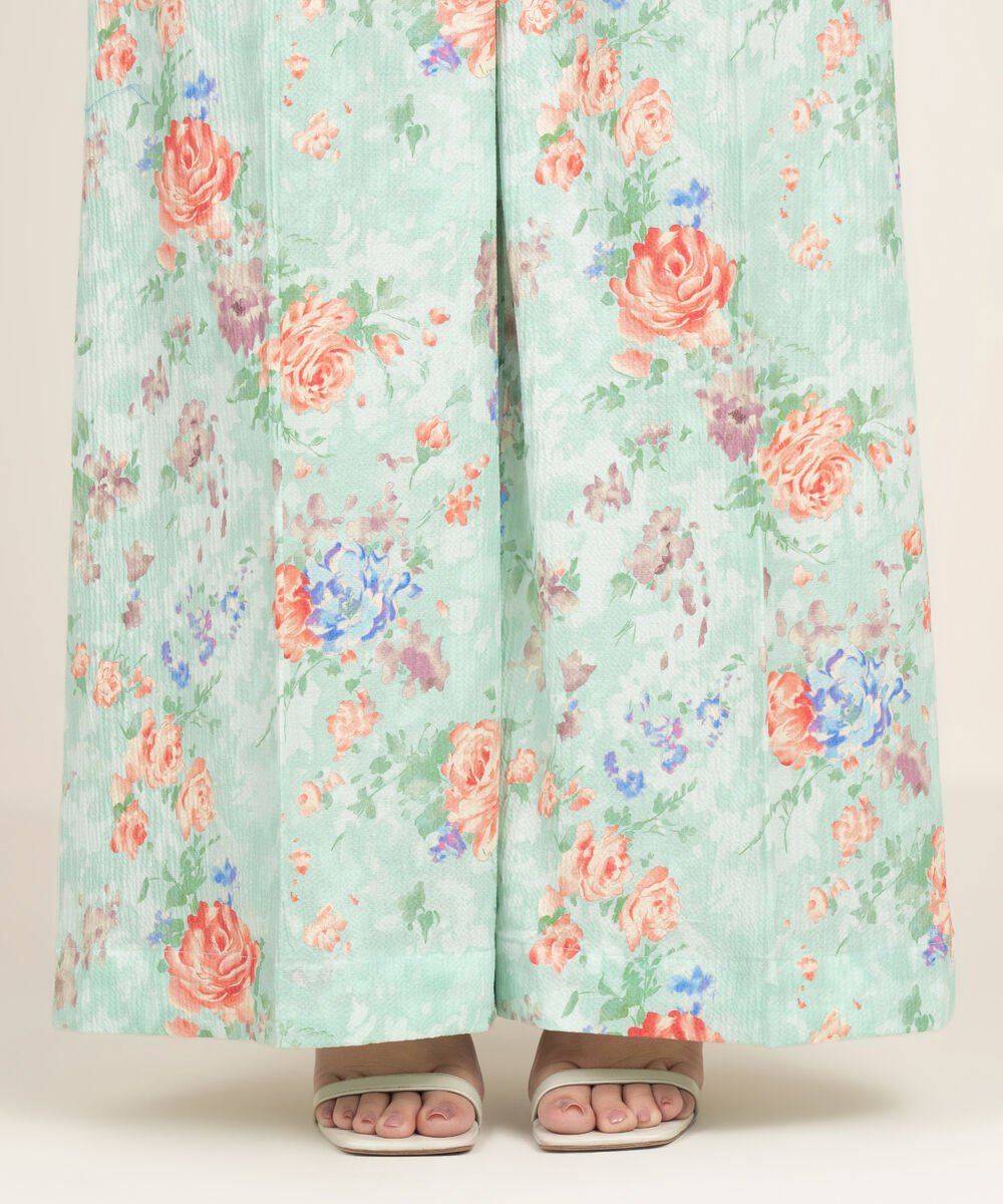 Women's RTW Seersucker Printed Turquoise Flared Pants