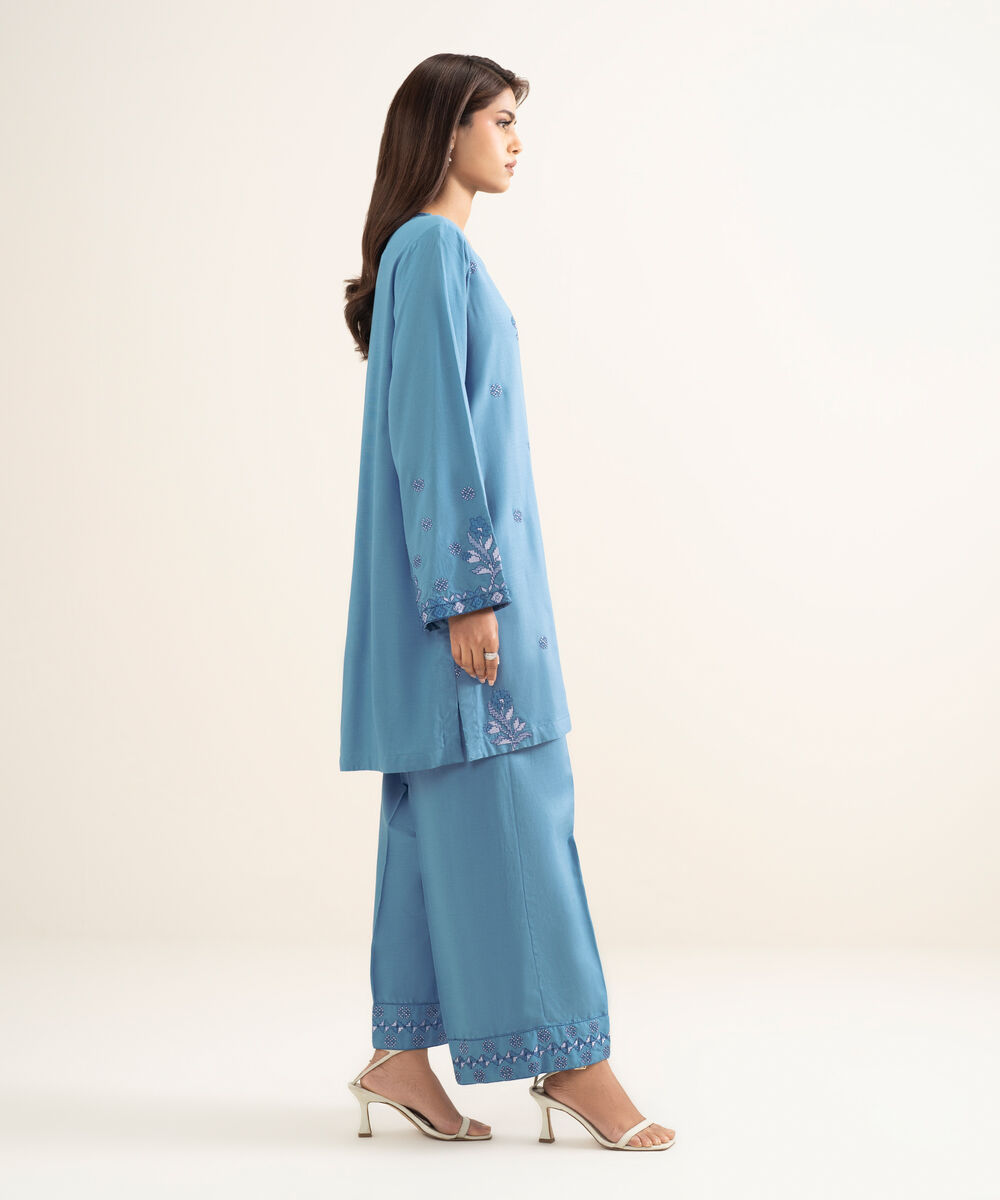 Women's RTW Cotton Viscose Embroidered Blue Culottes
