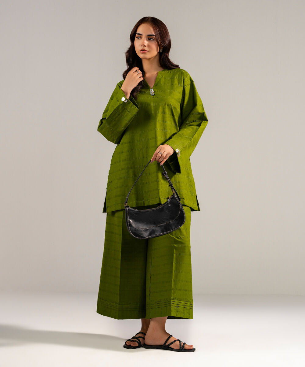 Women's RTW Seersucker Solid Green 2 Piece Suit