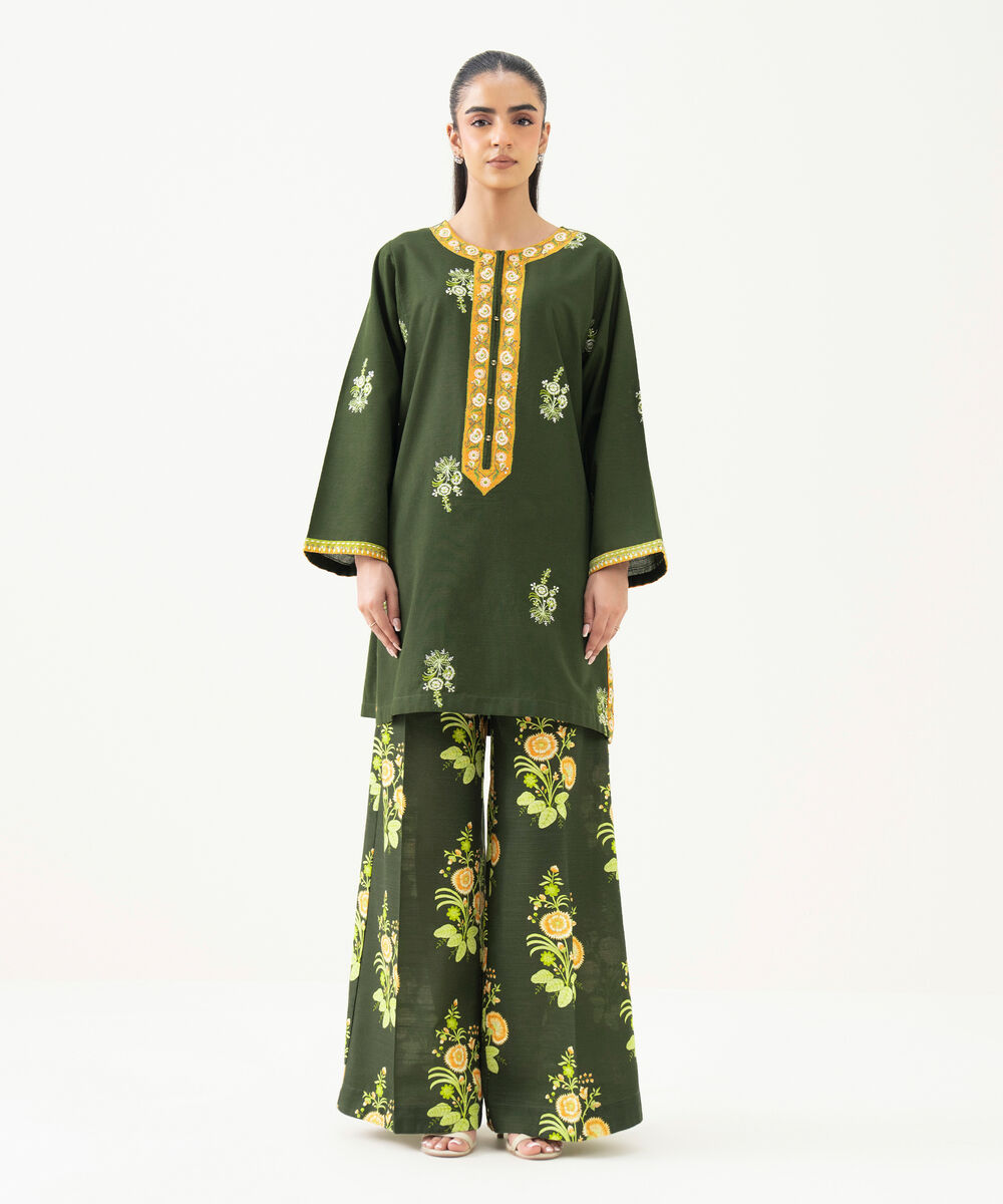 Women's RTW Light Khaddar Green Embroidered Straight Shirt