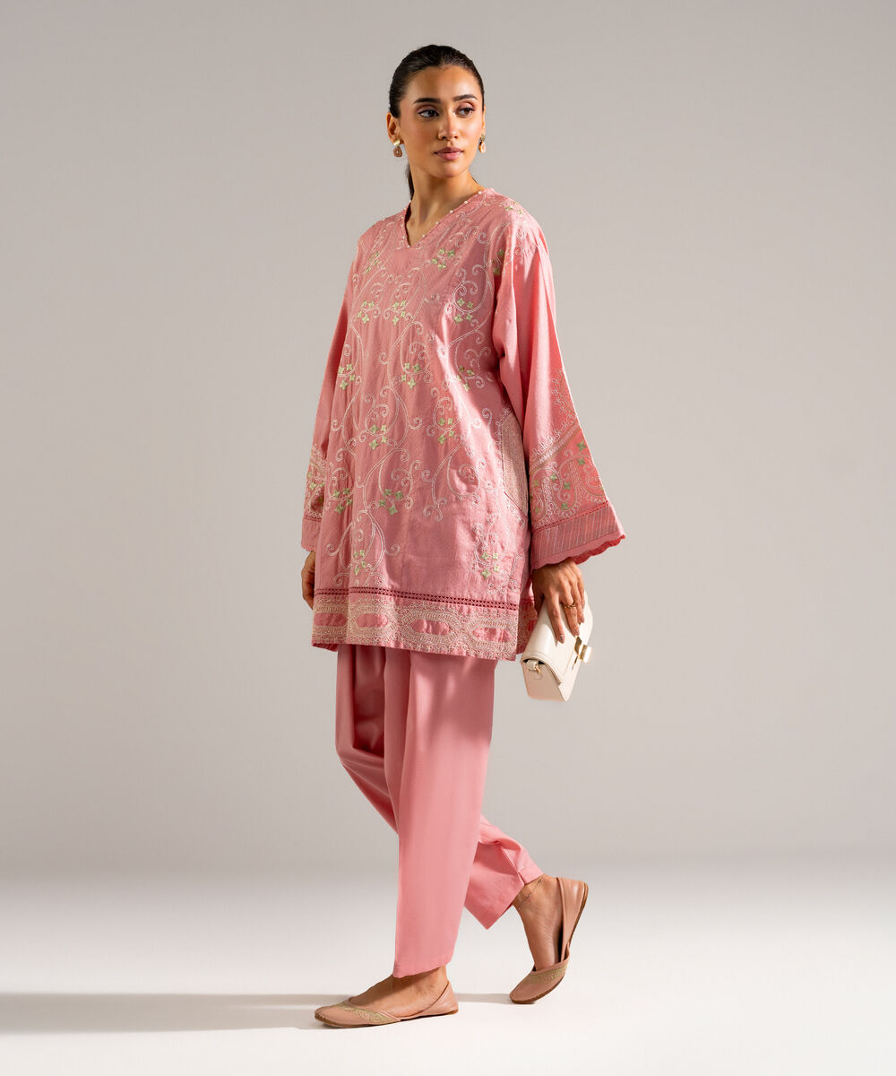 Women's RTW Dobby Embroidered Pink 2 Piece Suit
